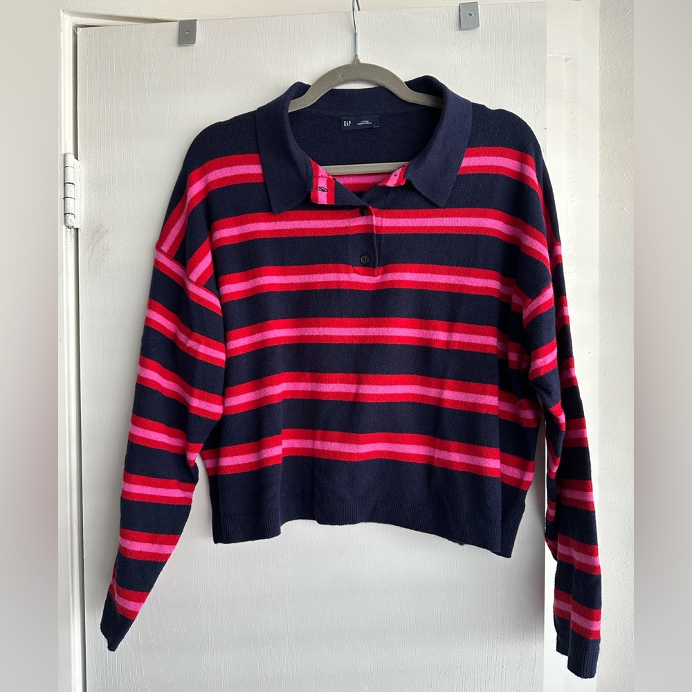 Gap Striped Navy and Pink Polo Sweater